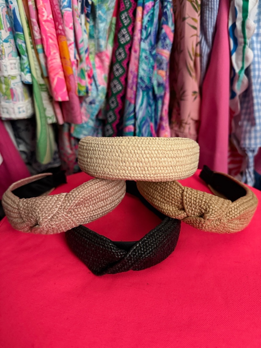 4 rattan headbands, Woven Knot Headband - Black, Beige, pink beige, Tan